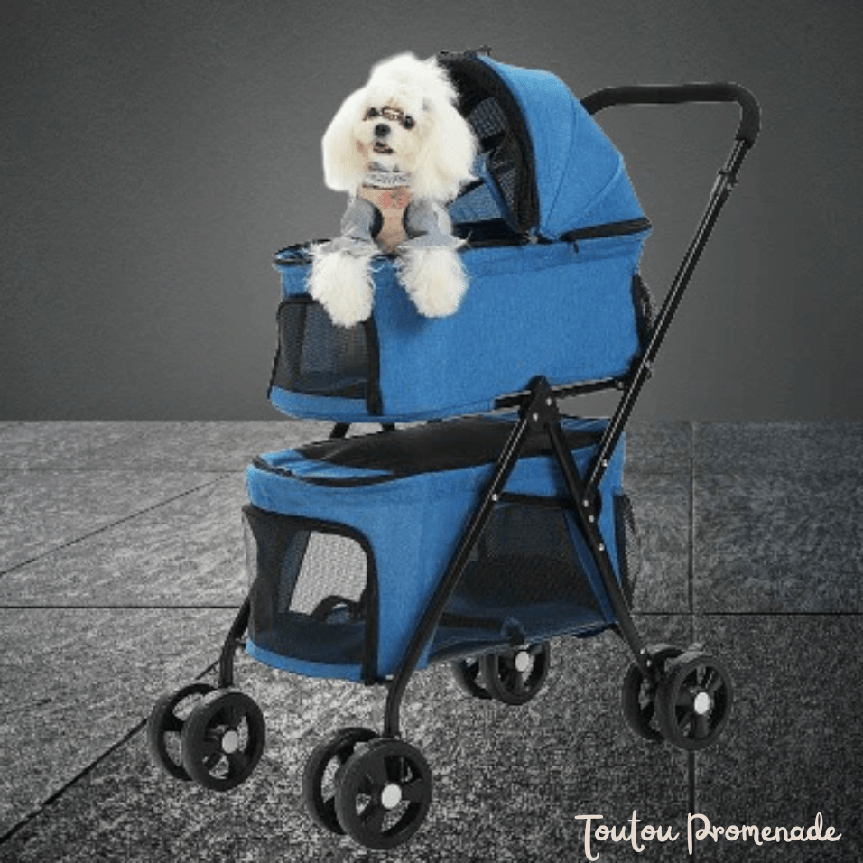 Poussette PetStroller bleu avec roues tout-terrain et ventilation mesh pour petits chiens