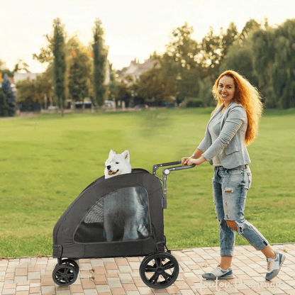 Poussette StrollyPet noir avec roues tout-terrain et ventilation pour chiens