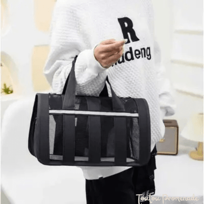 Petit chien confortablement installé dans le sac de transport MeshPetCarrier noir