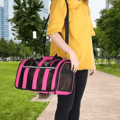 Petit chien confortablement installé dans le sac de transport MeshPetCarrier rose