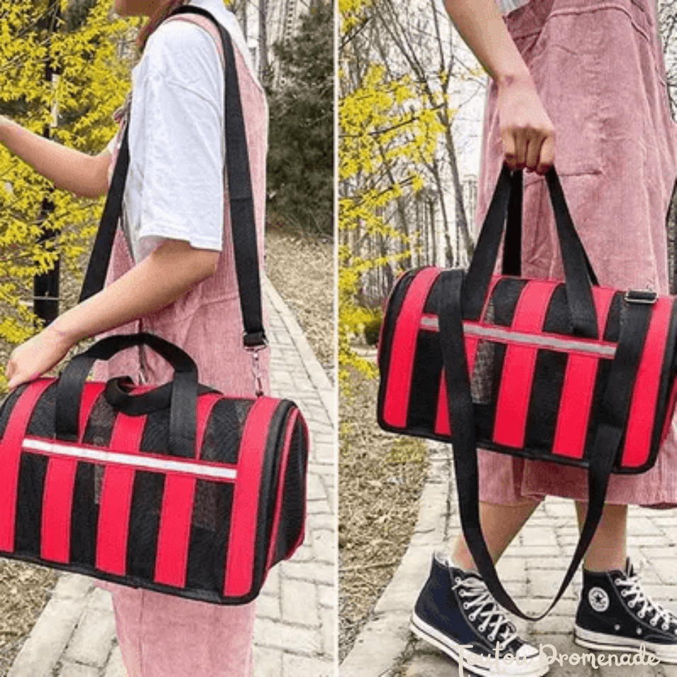 Vue latérale du sac MeshPetCarrier rouge montrant la ventilation mesh sur 3 côtés