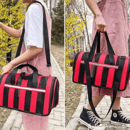 Vue latérale du sac MeshPetCarrier rouge montrant la ventilation mesh sur 3 côtés