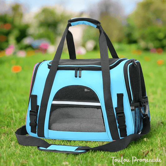 Vue des multiples poches de rangement du sac de transport DogCarrierBag bleu