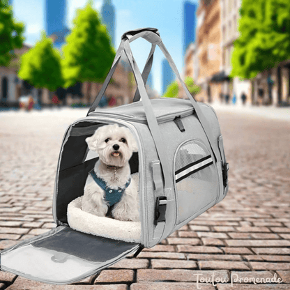 Petit chien confortablement installé dans le sac DogCarrierBag gris avec ventilation mesh