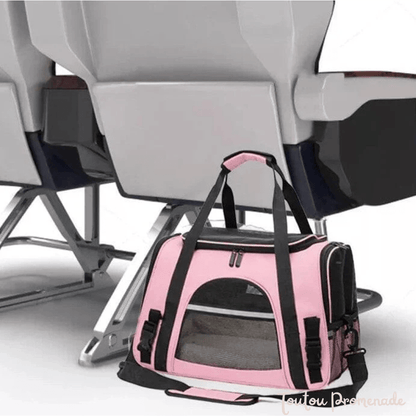 Petit chien confortablement installé dans le sac DogCarrierBag rose avec ventilation mesh