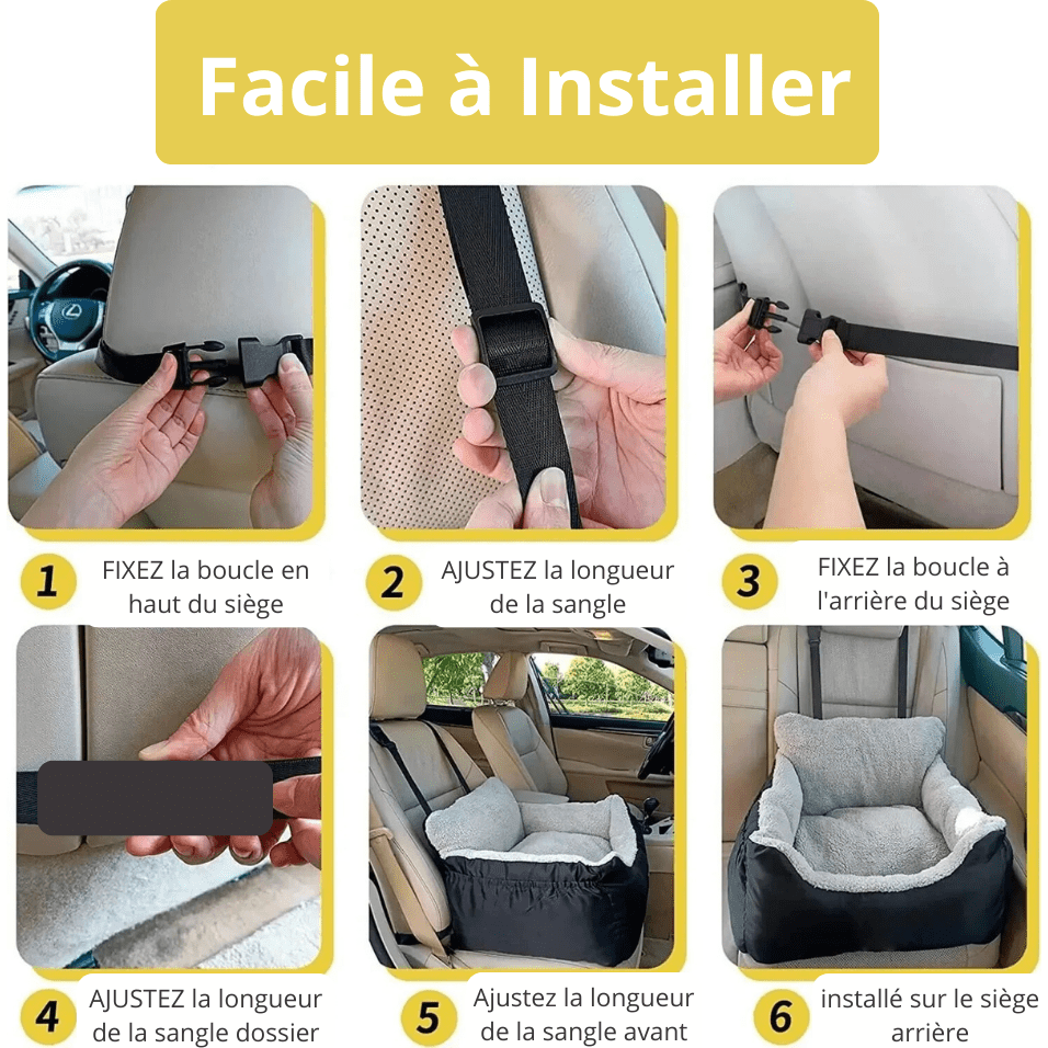 Installation facile du siège auto PetCarSeat bleu sur banquette arrière de voiture