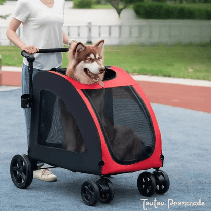 Poussette StrollyPet rouge avec roues tout-terrain et ventilation pour chiens