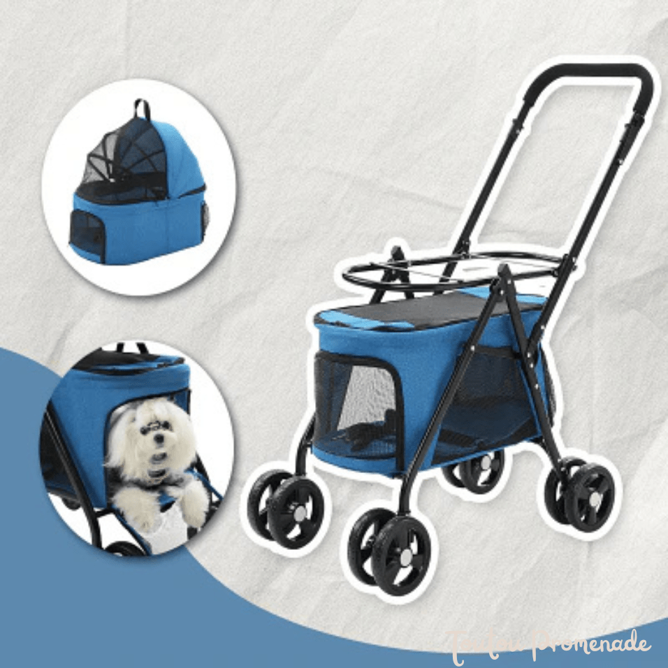 Vue du panier de rangement et système de pliage de la poussette PetStroller beige