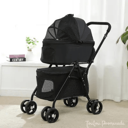 Petit chien confortablement installé dans la poussette PetStroller noir avec capote protectrice